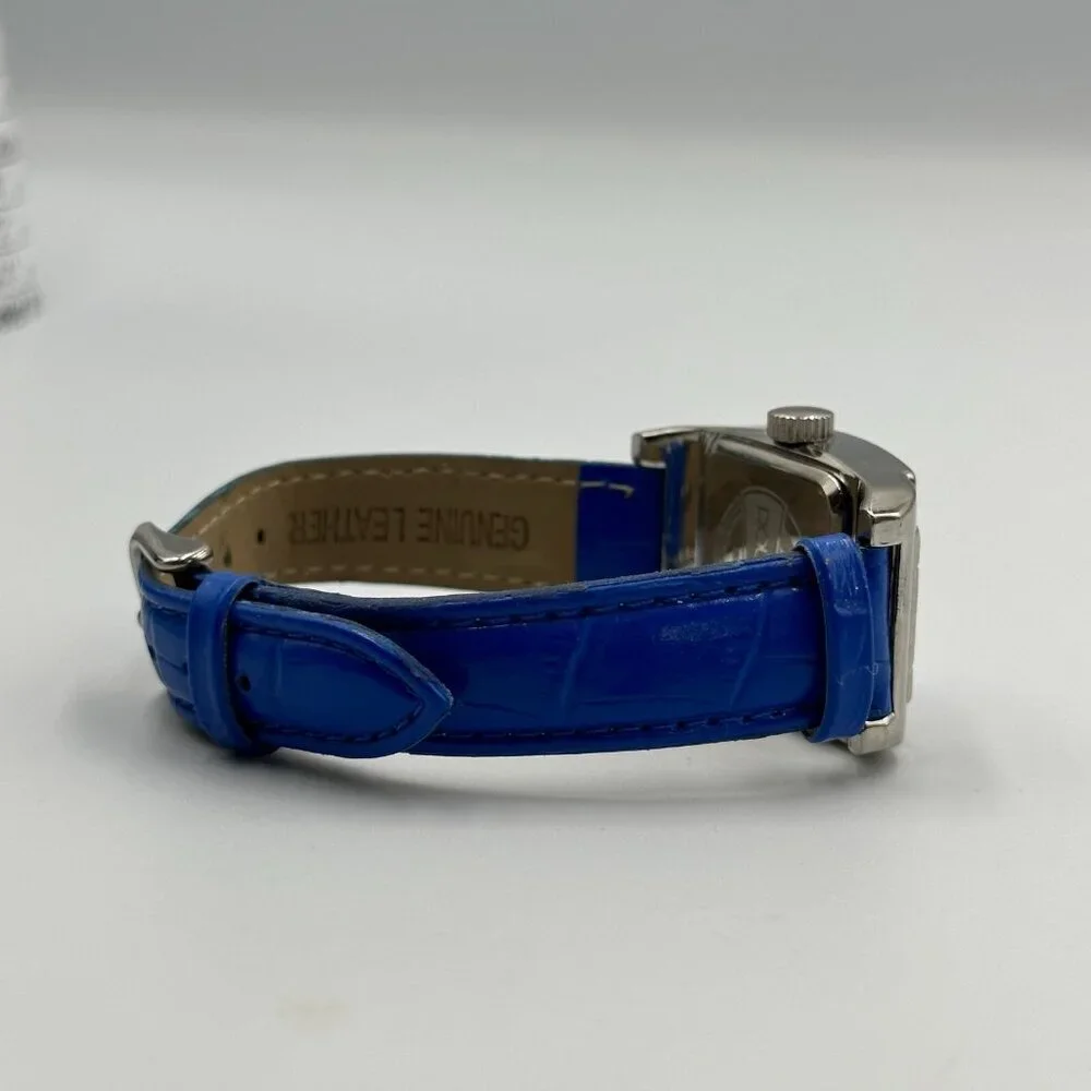 Rousseau Watch Women Silver Tone Square Dial Blue Leather Band New Battery 9